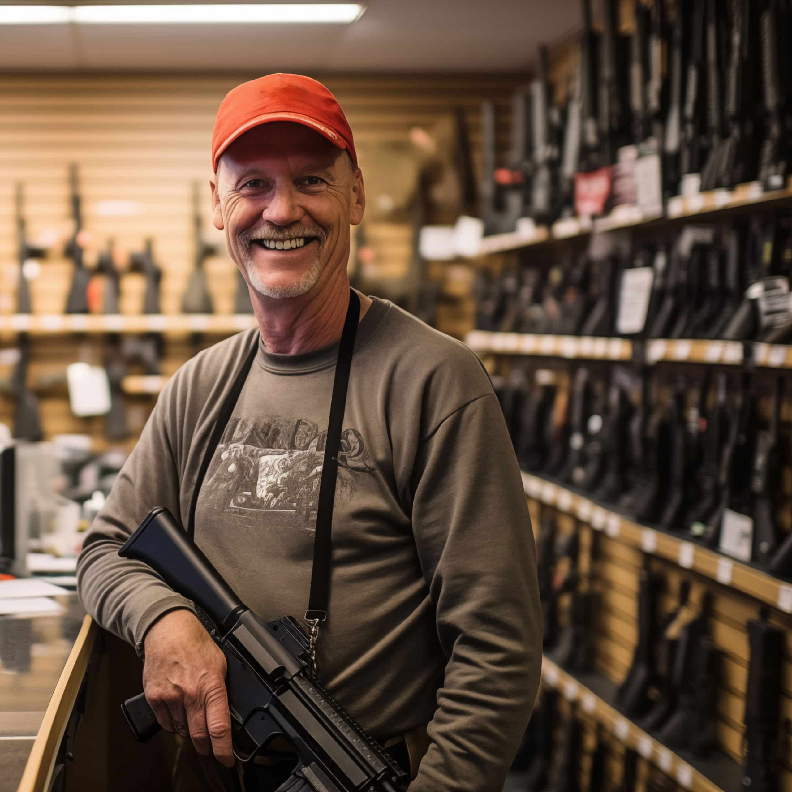 Firearm store background. Middle aged man owner of gun shop posing with automatic weapon in his hand.