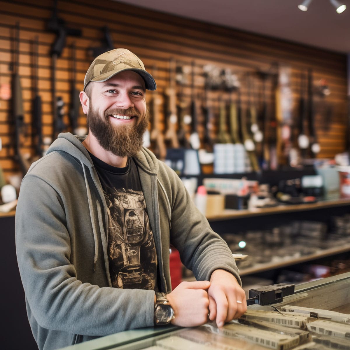 Portrait of smiling bearded adult man salesman of gun shop.